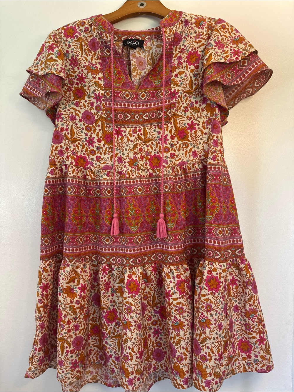 GiGio Pink and Rust Floral Tassel Boho Casual Dress